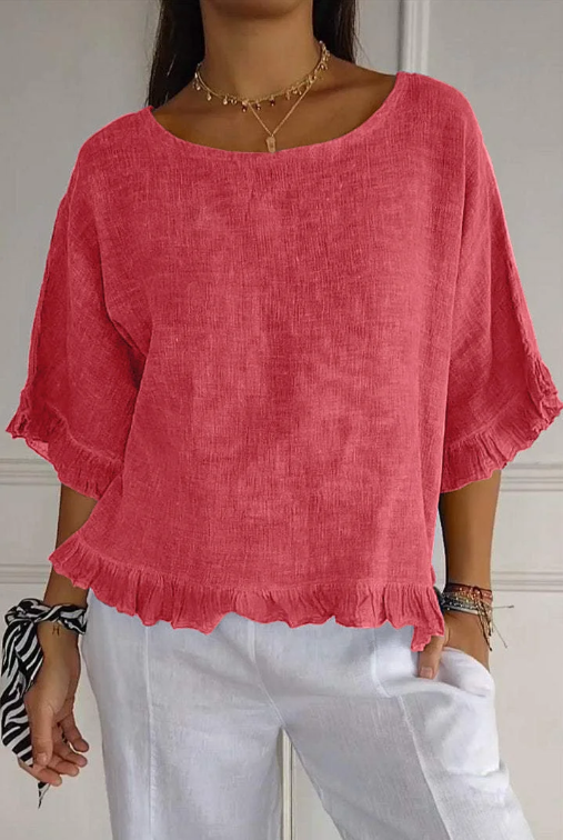 🔥Clearance Sale🔥 Women’s Round Neck Ruffled Cotton And Linen Top