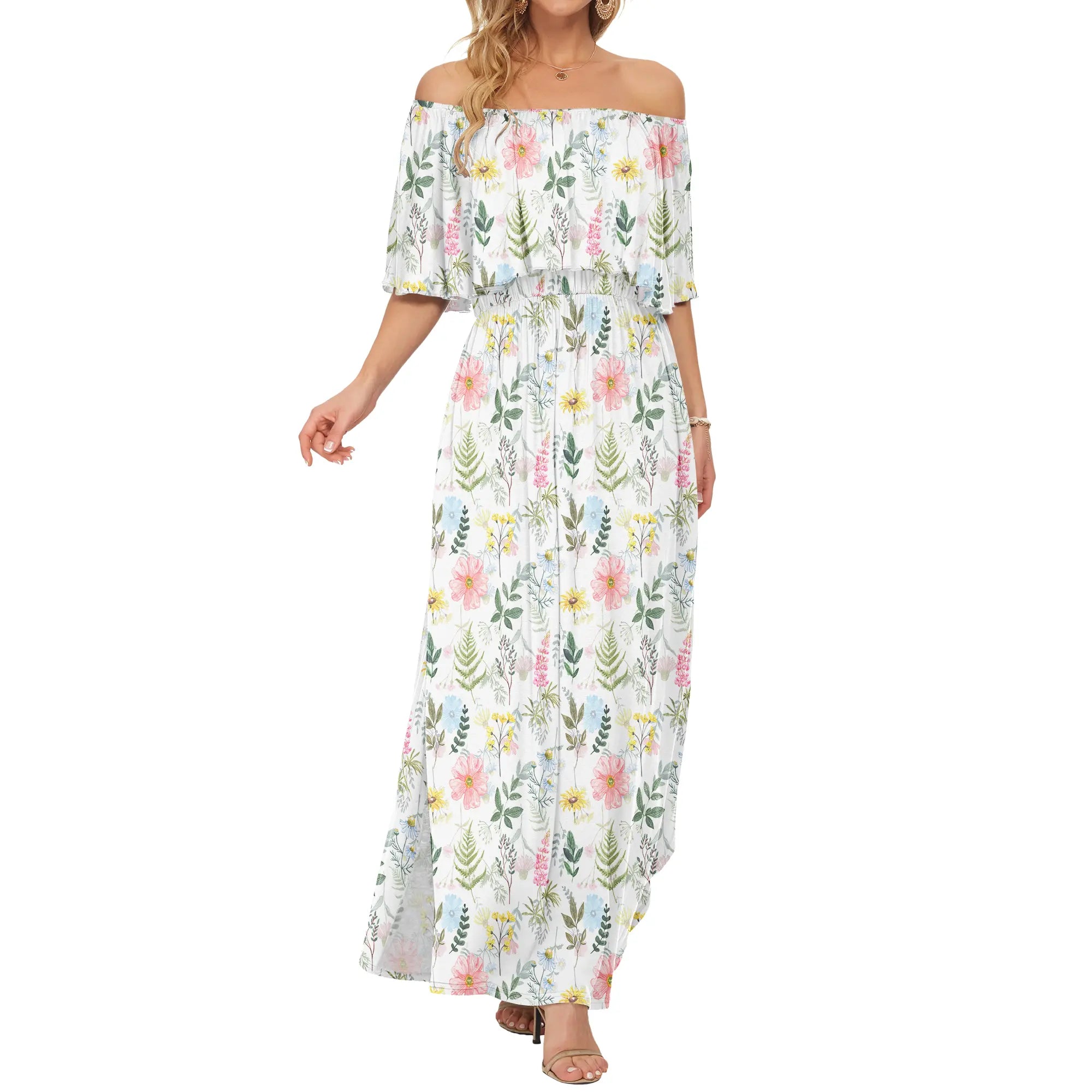 Plus Size Off-Shoulder Dress | Summer Casual | Long Ruffle | Side Split | Beach Maxi | With Pockets | Wedding Guest