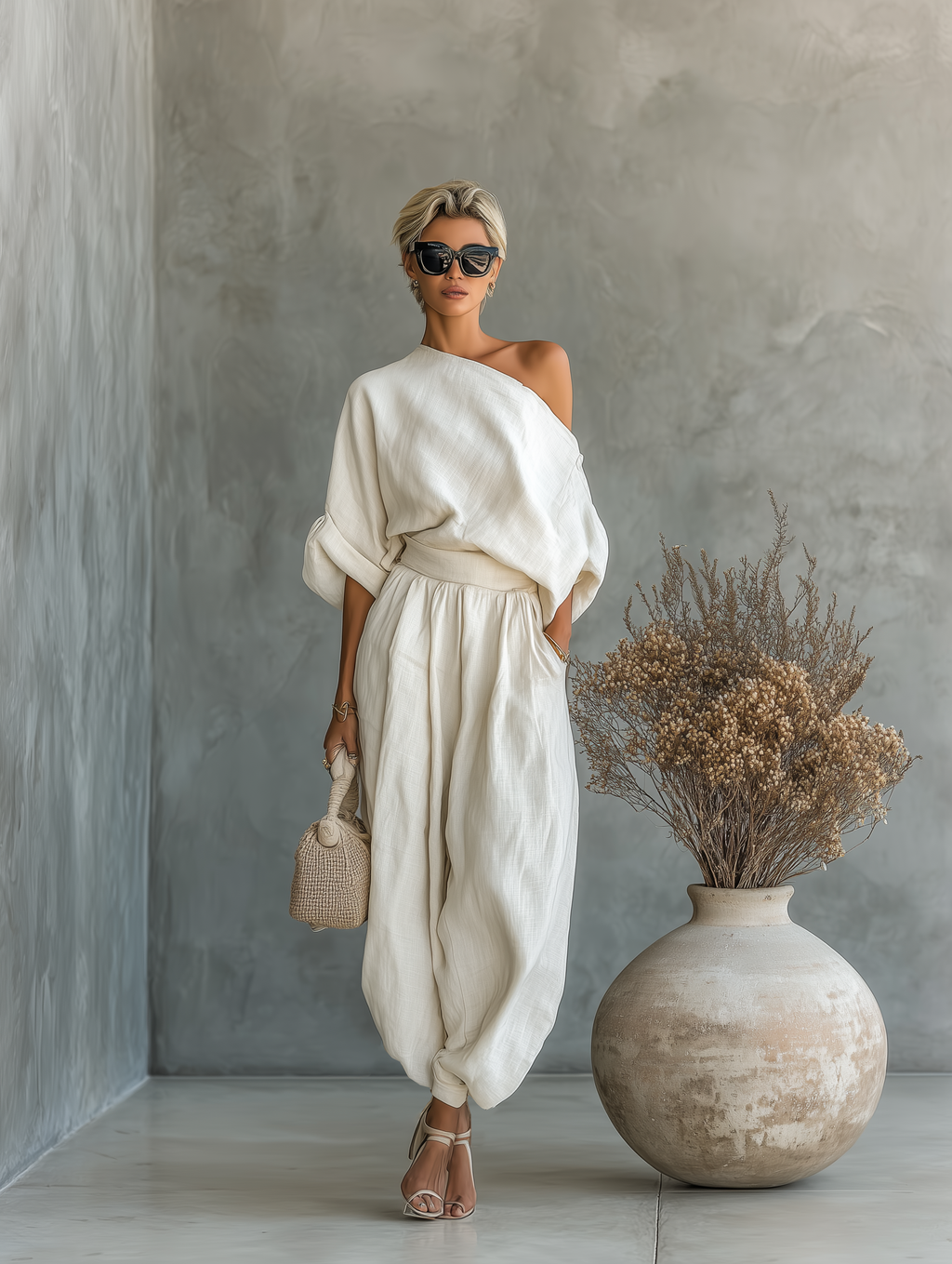 Women’s Off-white Linen Off-shoulder Loose Casual Top And Tapered Pants Set