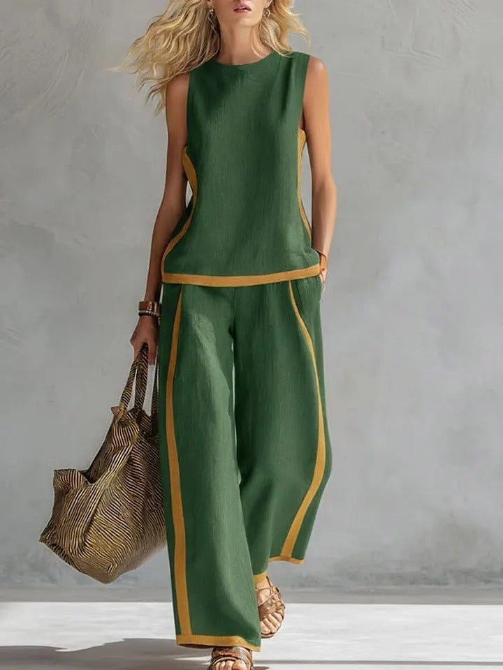 Plus Size Friendly Plus Size Friendly Women’s Round Neck Sleeveless Casual Loose Top And High-waisted Loose Wide-leg Pants Cotton And Linen Set.