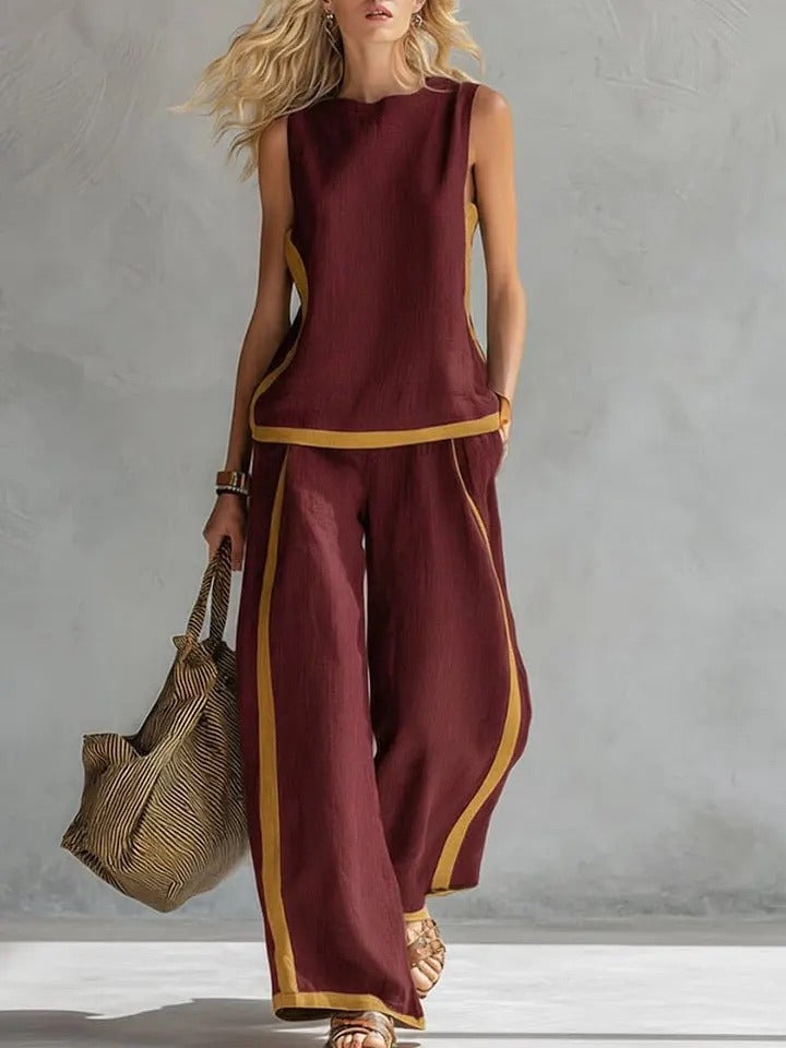 Plus Size Friendly Plus Size Friendly Women’s Round Neck Sleeveless Casual Loose Top And High-waisted Loose Wide-leg Pants Cotton And Linen Set.