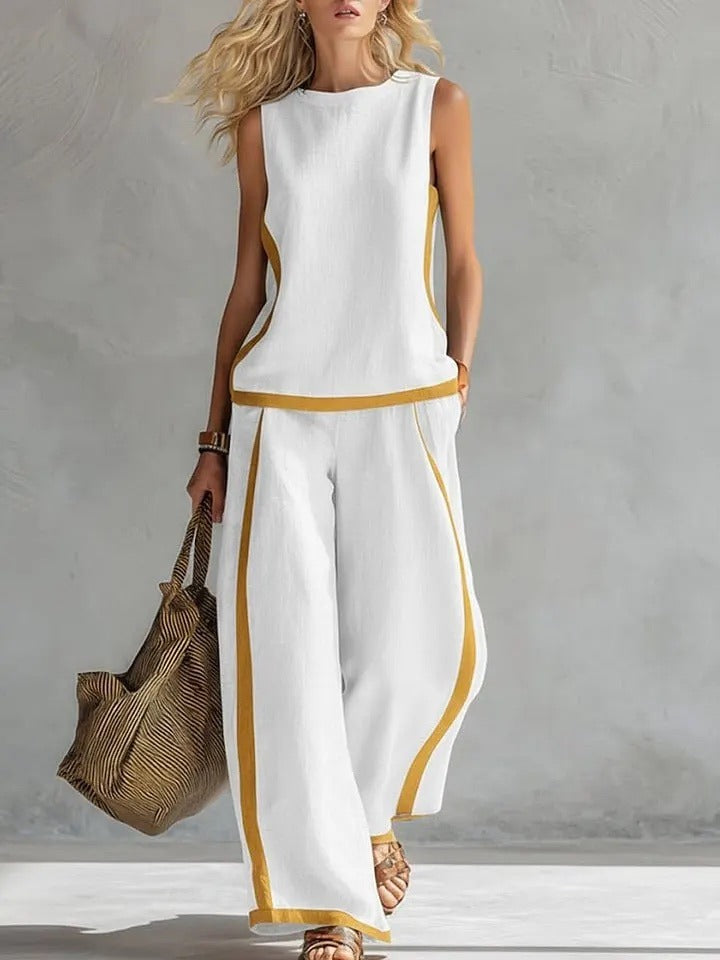 Plus Size Friendly Plus Size Friendly Women’s Round Neck Sleeveless Casual Loose Top And High-waisted Loose Wide-leg Pants Cotton And Linen Set.