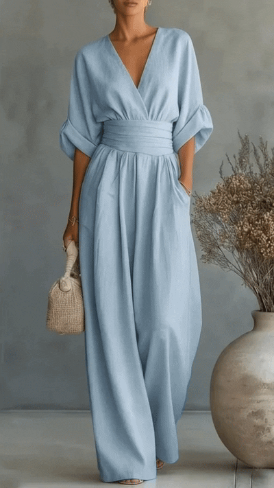 Women’s Solid-Color V-Neck Jumpsuit