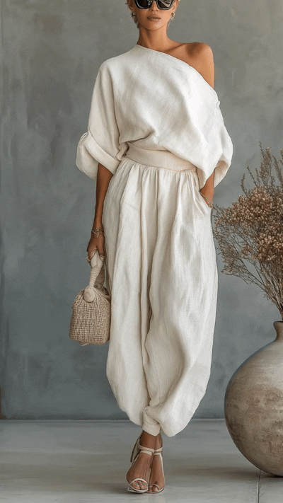 Women’s Off-white Linen Off-shoulder Loose Casual Top And Tapered Pants Set