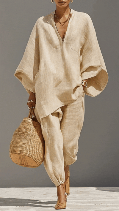 Women’s Solid Color V-neck Long Sleeve Casual Loose Cotton Linen Top With Elastic Waist And Wide-leg Pants Set