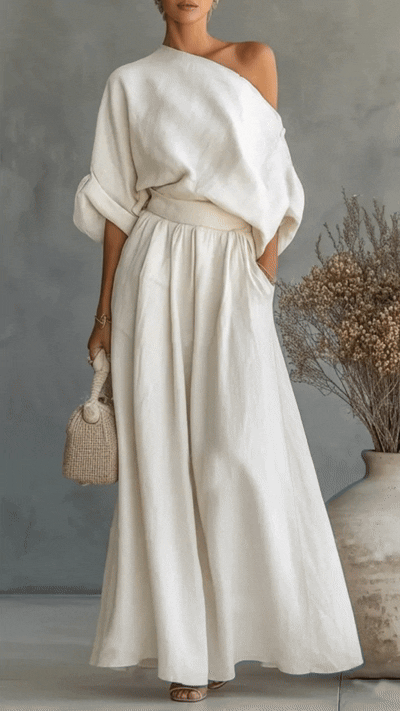 Women’s Elegant Off-Shoulder Shirt and Wide-Leg Pants Two-Piece Set