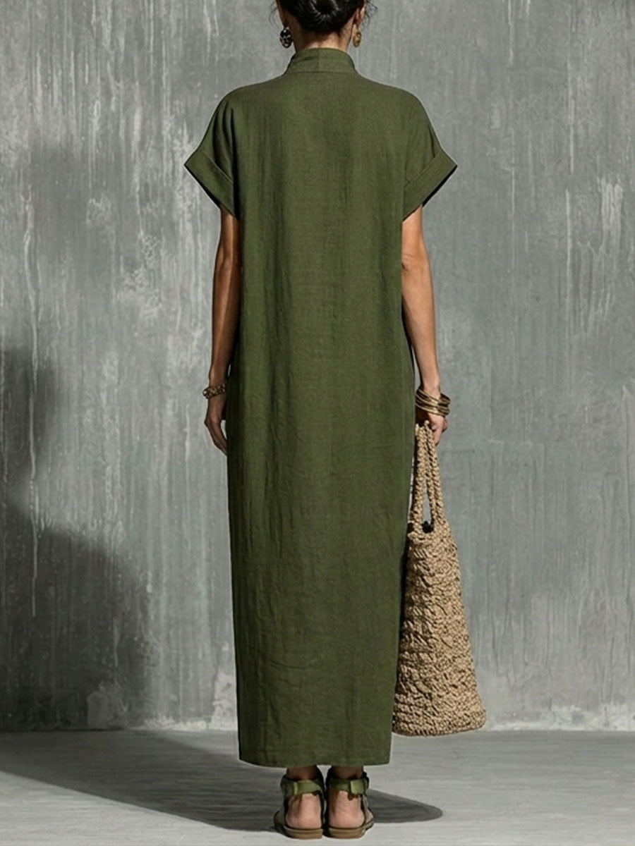 Women’s Solid-color V-neck Short-sleeve Casual Loose Cotton-linen Dress