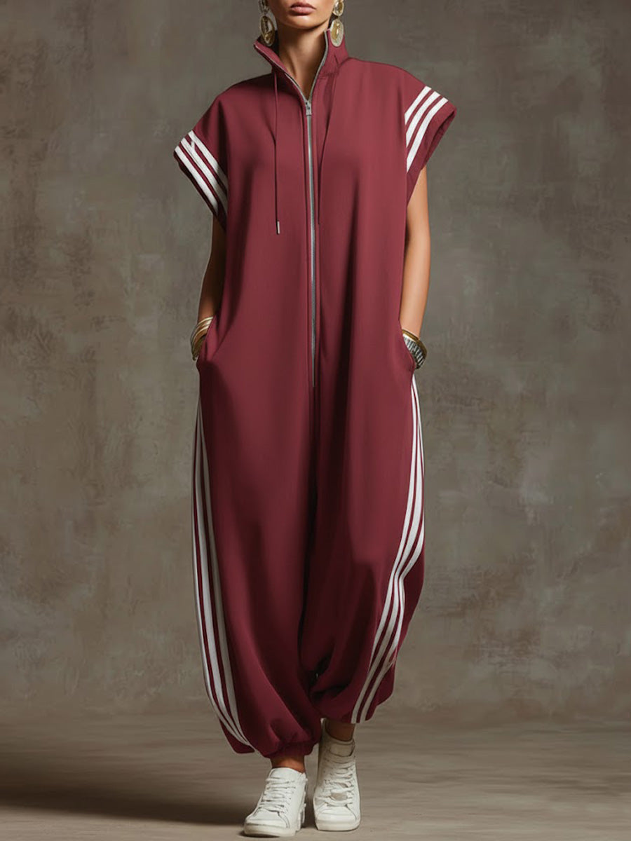 Women’s Relaxed Stand-collar Short-sleeved Casual Loose Cotton Wide-leg Jumpsuit