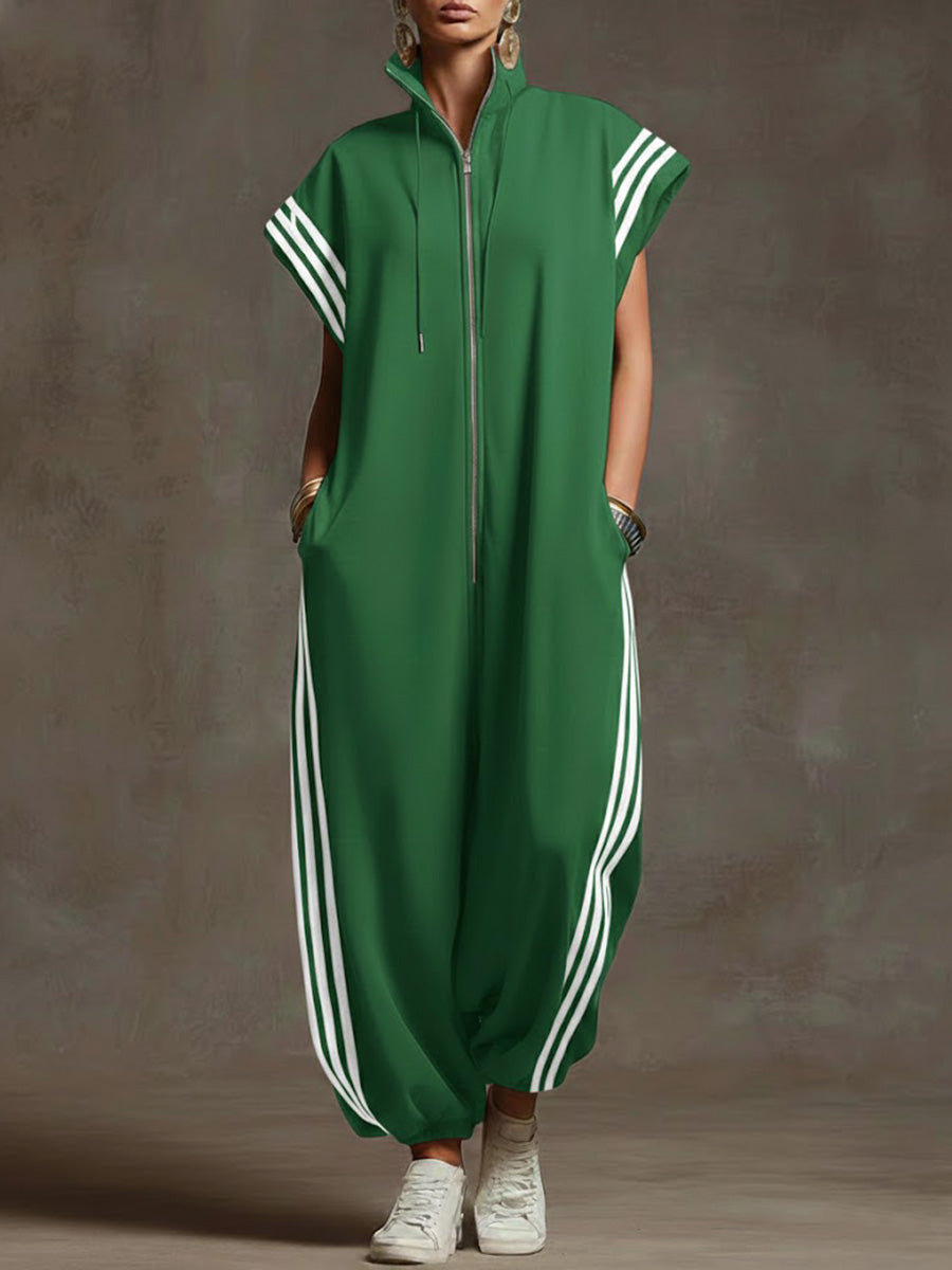 Women’s Relaxed Stand-collar Short-sleeved Casual Loose Cotton Wide-leg Jumpsuit