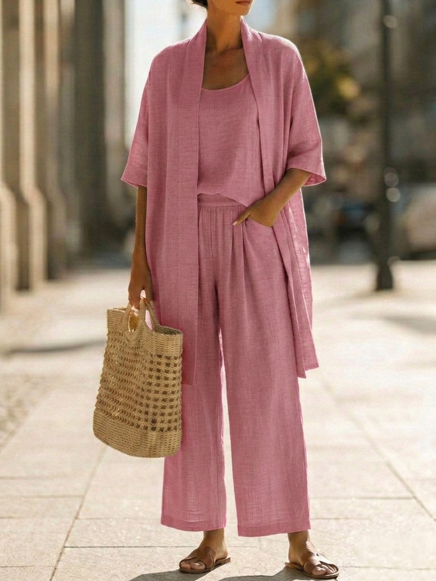 Plus Size Friendly Minimalist Linen-cotton Three-piece Set – Comfortable For Everyday Wear