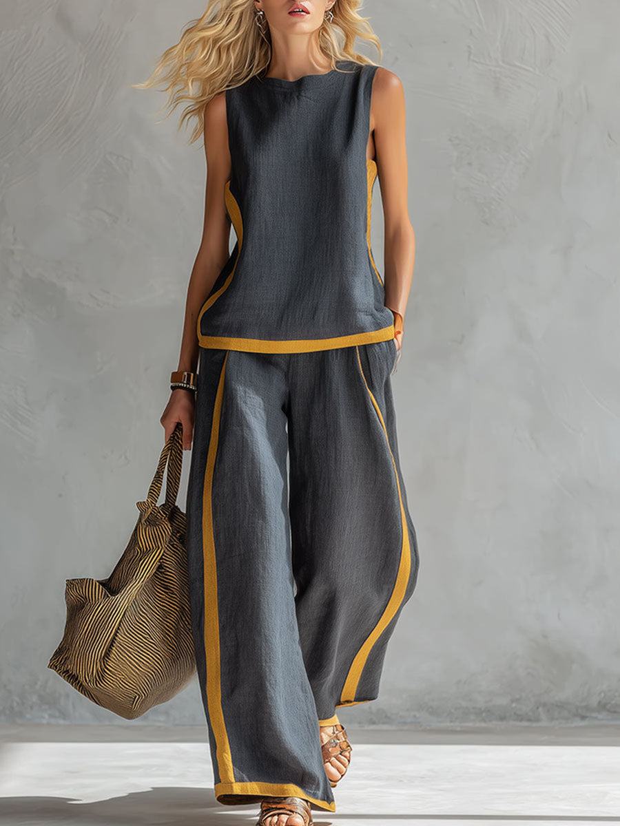 Plus Size Friendly Plus Size Friendly Women’s Round Neck Sleeveless Casual Loose Top And High-waisted Loose Wide-leg Pants Cotton And Linen Set.