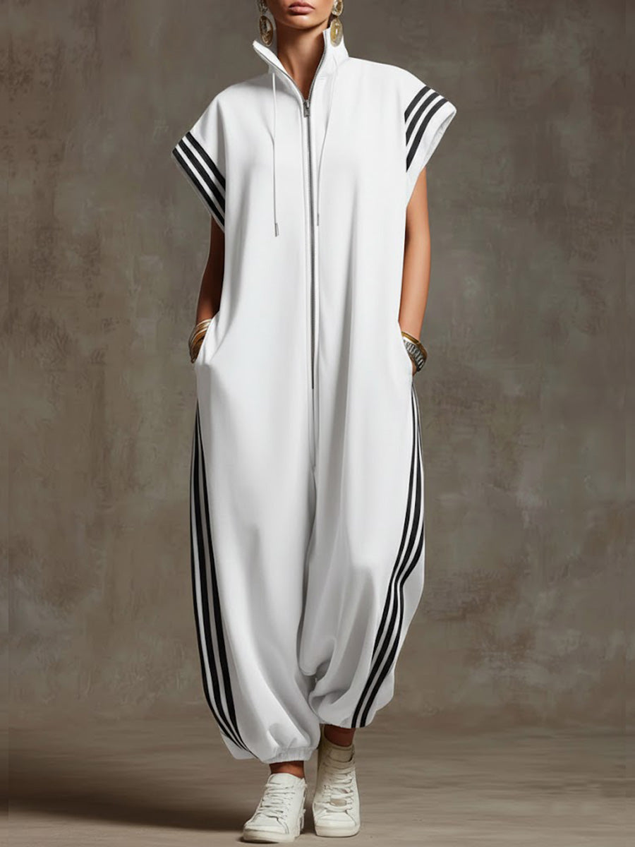 Women’s Relaxed Stand-collar Short-sleeved Casual Loose Cotton Wide-leg Jumpsuit