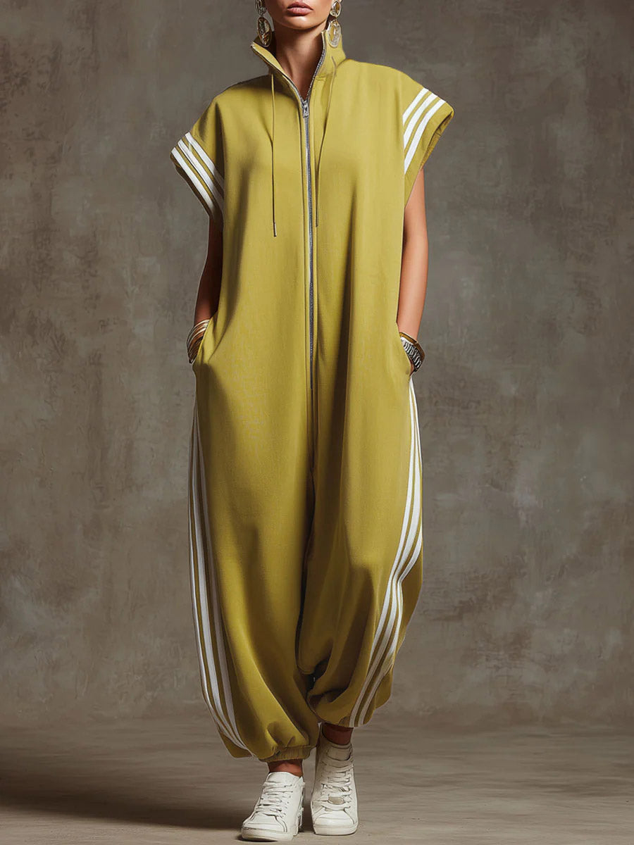 Women’s Relaxed Stand-collar Short-sleeved Casual Loose Cotton Wide-leg Jumpsuit