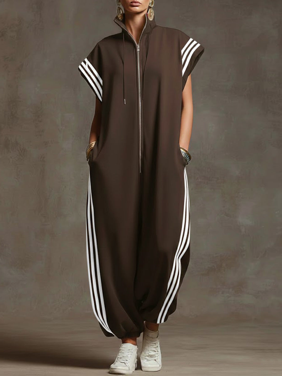 Women’s Relaxed Stand-collar Short-sleeved Casual Loose Cotton Wide-leg Jumpsuit