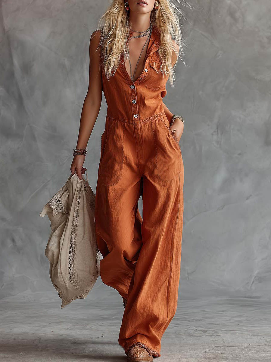 Women’s Solid Color Shirt Collar Sleeveless Casual Loose Cotton And Linen Wide-leg Jumpsuit