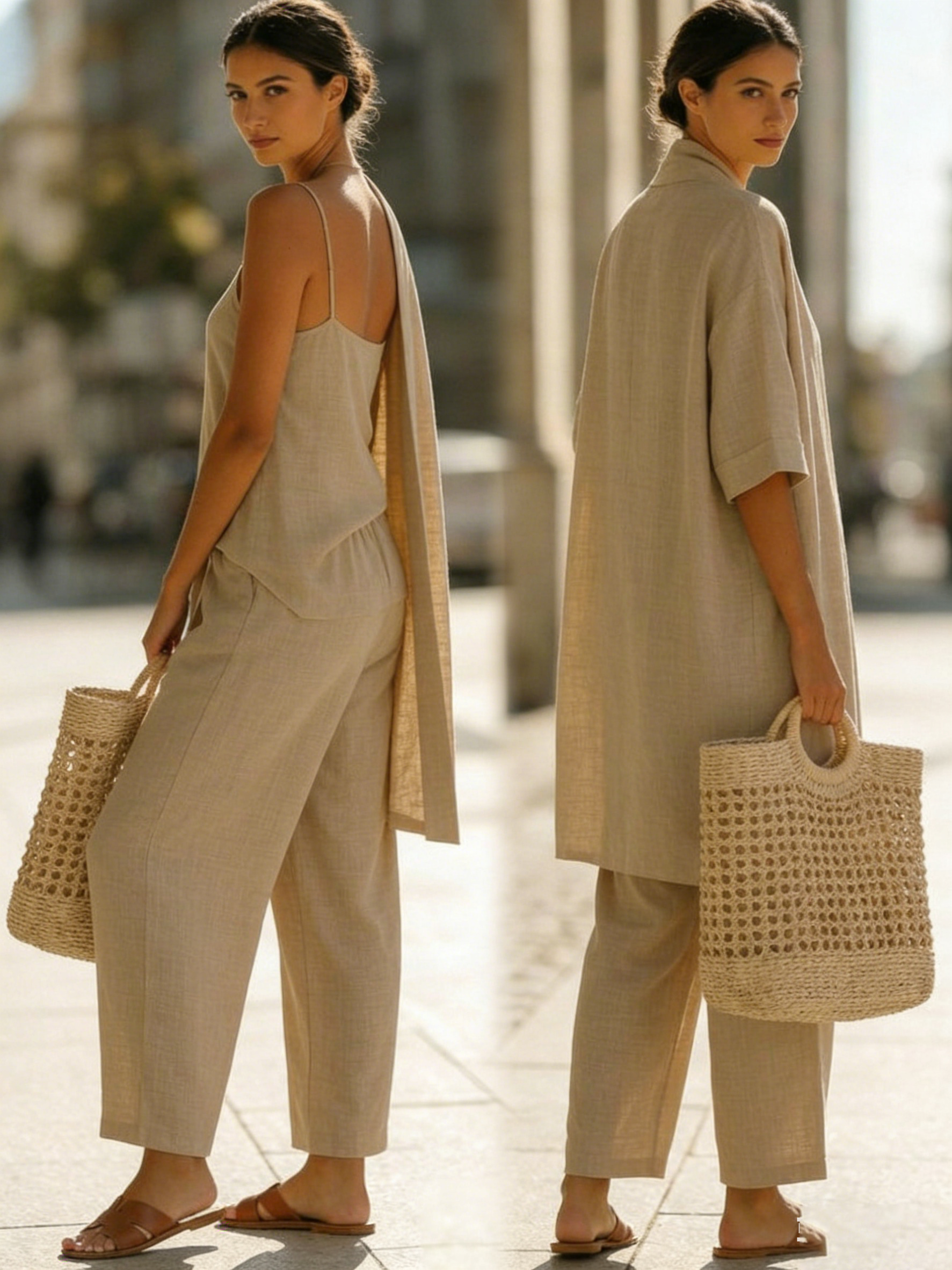 Plus Size Friendly Minimalist Linen-cotton Three-piece Set – Comfortable For Everyday Wear