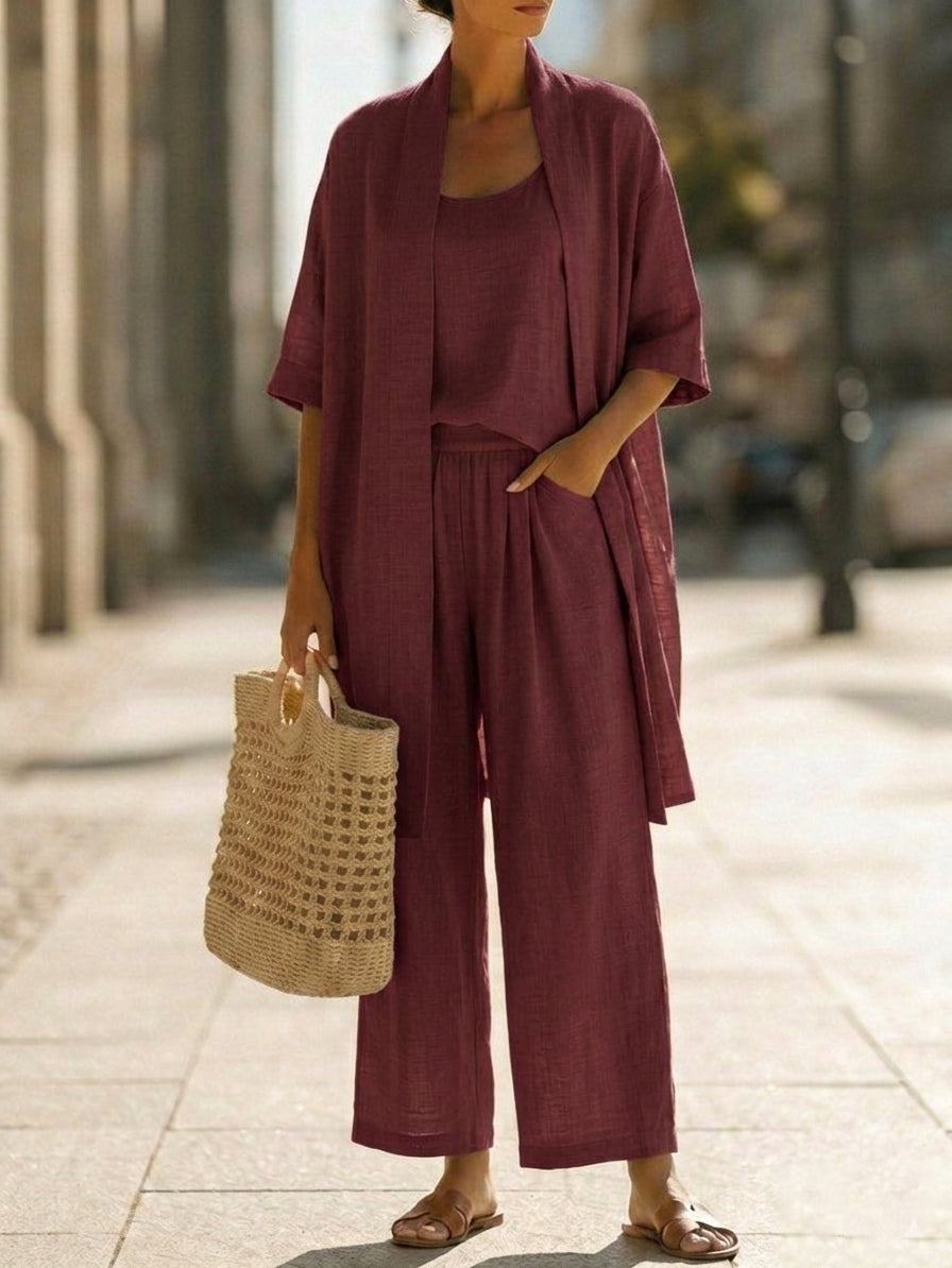 Plus Size Friendly Minimalist Linen-cotton Three-piece Set – Comfortable For Everyday Wear