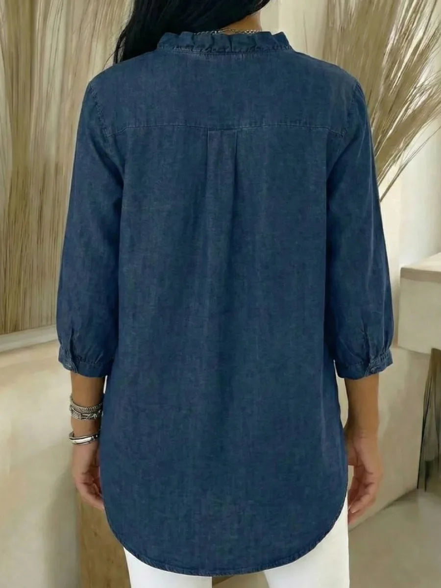 Women’s Casual Denim V-Neck Ruffled Shirt