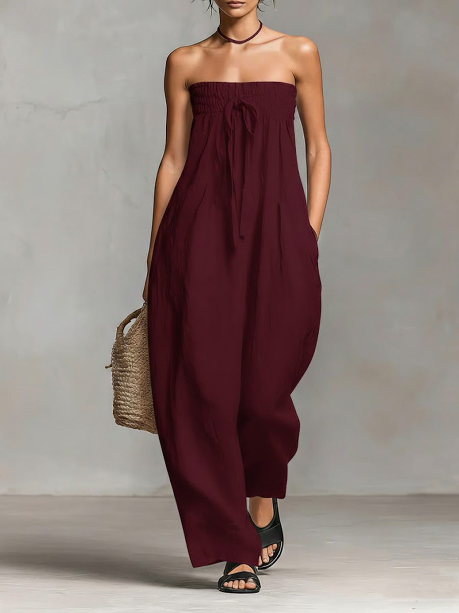 Women’s Solid Color Strapless Casual Loose Cotton And Linen Jumpsuit
