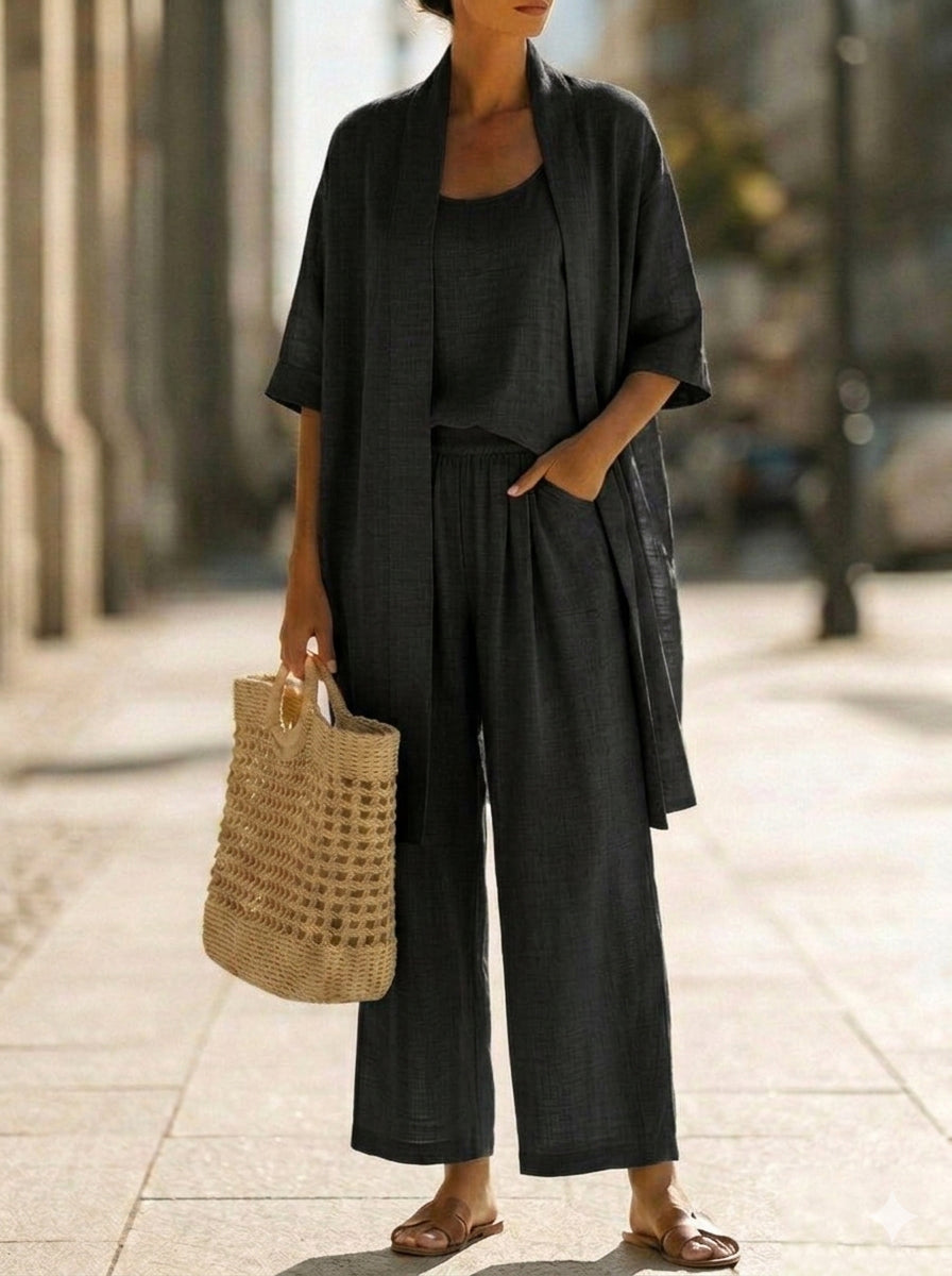 Plus Size Friendly Minimalist Linen-cotton Three-piece Set – Comfortable For Everyday Wear