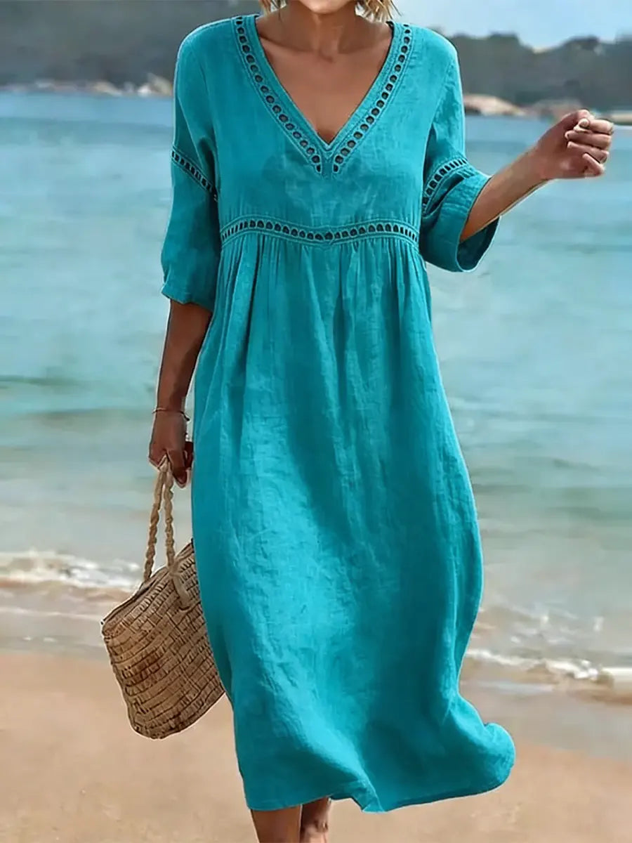 Women’s Solid Color Retro Casual Stylish Vacation Cotton Dress