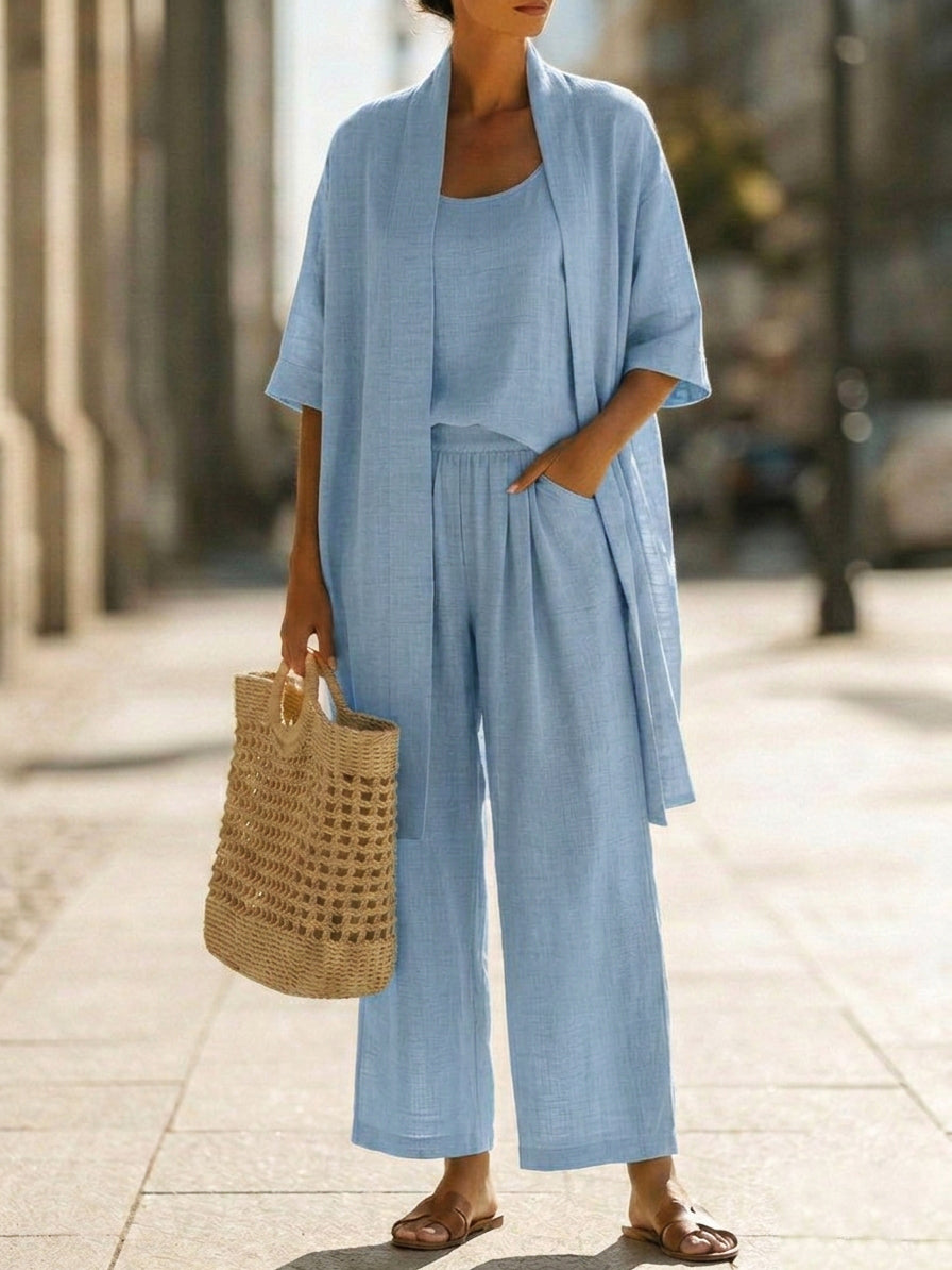 Plus Size Friendly Minimalist Linen-cotton Three-piece Set – Comfortable For Everyday Wear
