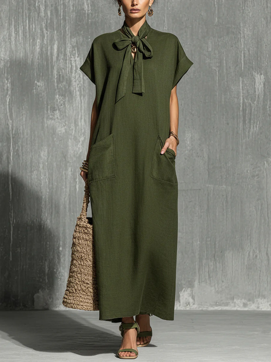 Women’s Solid-color V-neck Short-sleeve Casual Loose Cotton-linen Dress