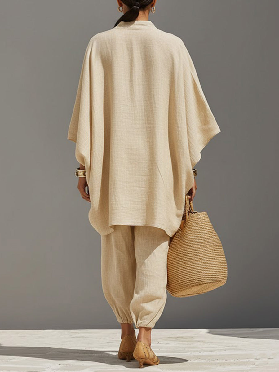 Women’s Solid Color V-neck Long Sleeve Casual Loose Cotton Linen Top With Elastic Waist And Wide-leg Pants Set