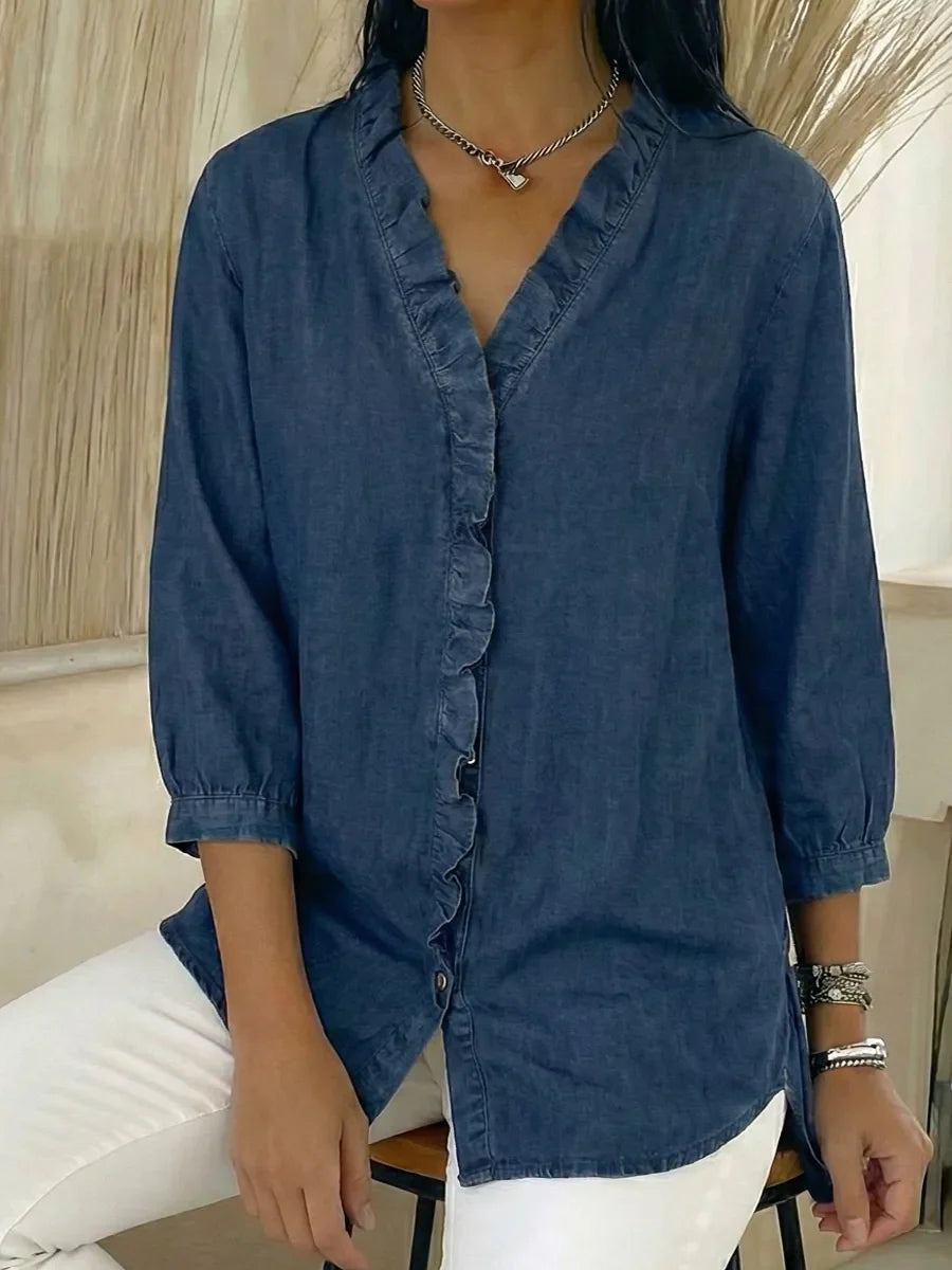 Women’s Casual Denim V-Neck Ruffled Shirt