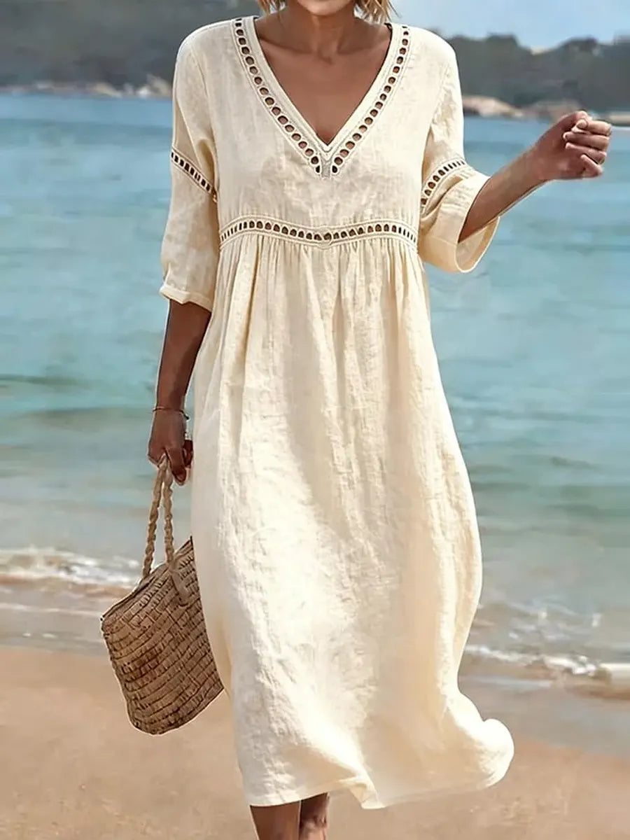 Women’s Solid Color Retro Casual Stylish Vacation Cotton Dress