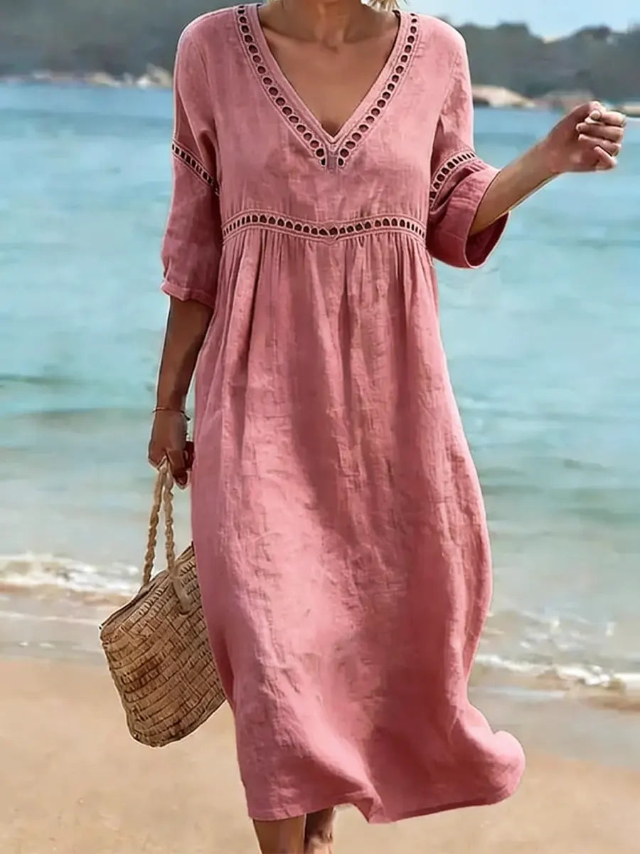 Women’s Solid Color Retro Casual Stylish Vacation Cotton Dress