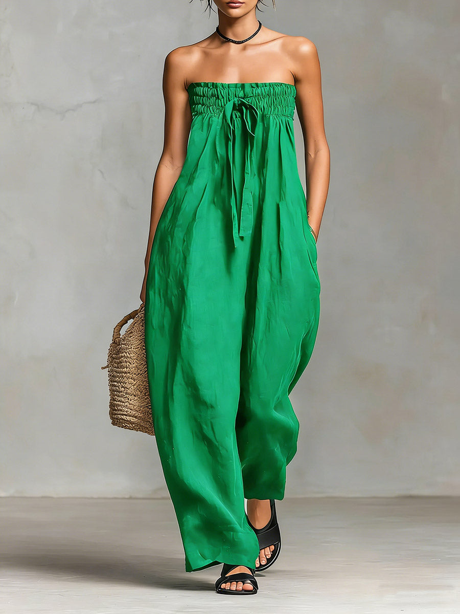 Women’s Solid Color Strapless Casual Loose Cotton And Linen Jumpsuit