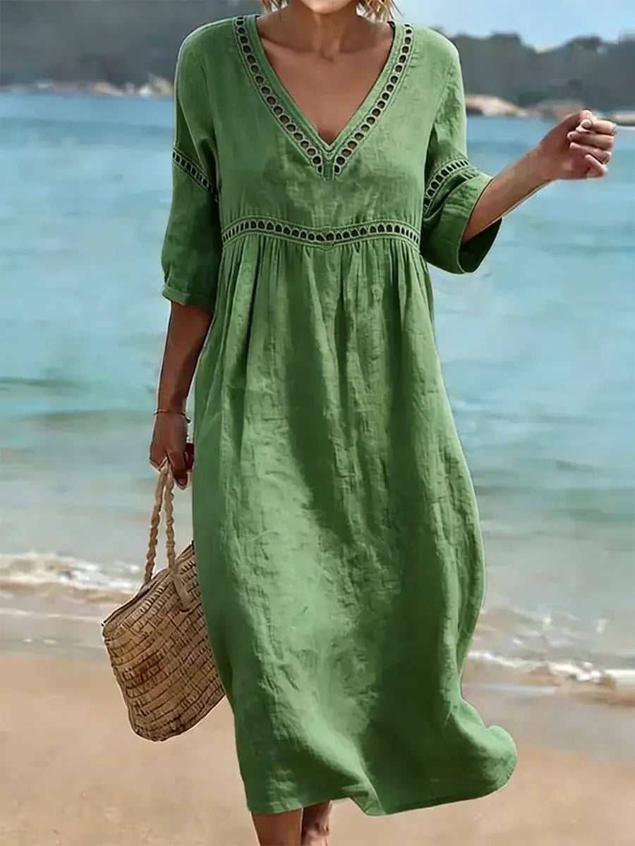 Women’s Solid Color Retro Casual Stylish Vacation Cotton Dress
