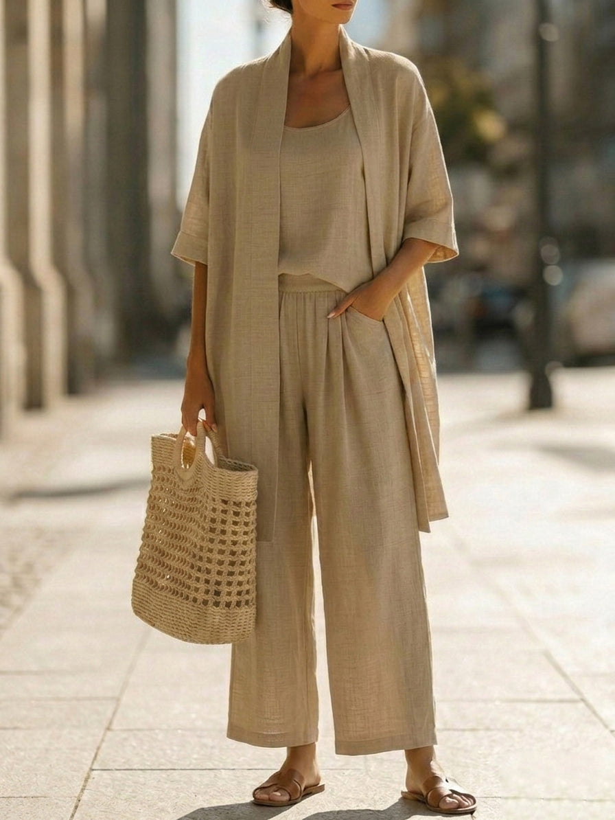 Plus Size Friendly Minimalist Linen-cotton Three-piece Set – Comfortable For Everyday Wear