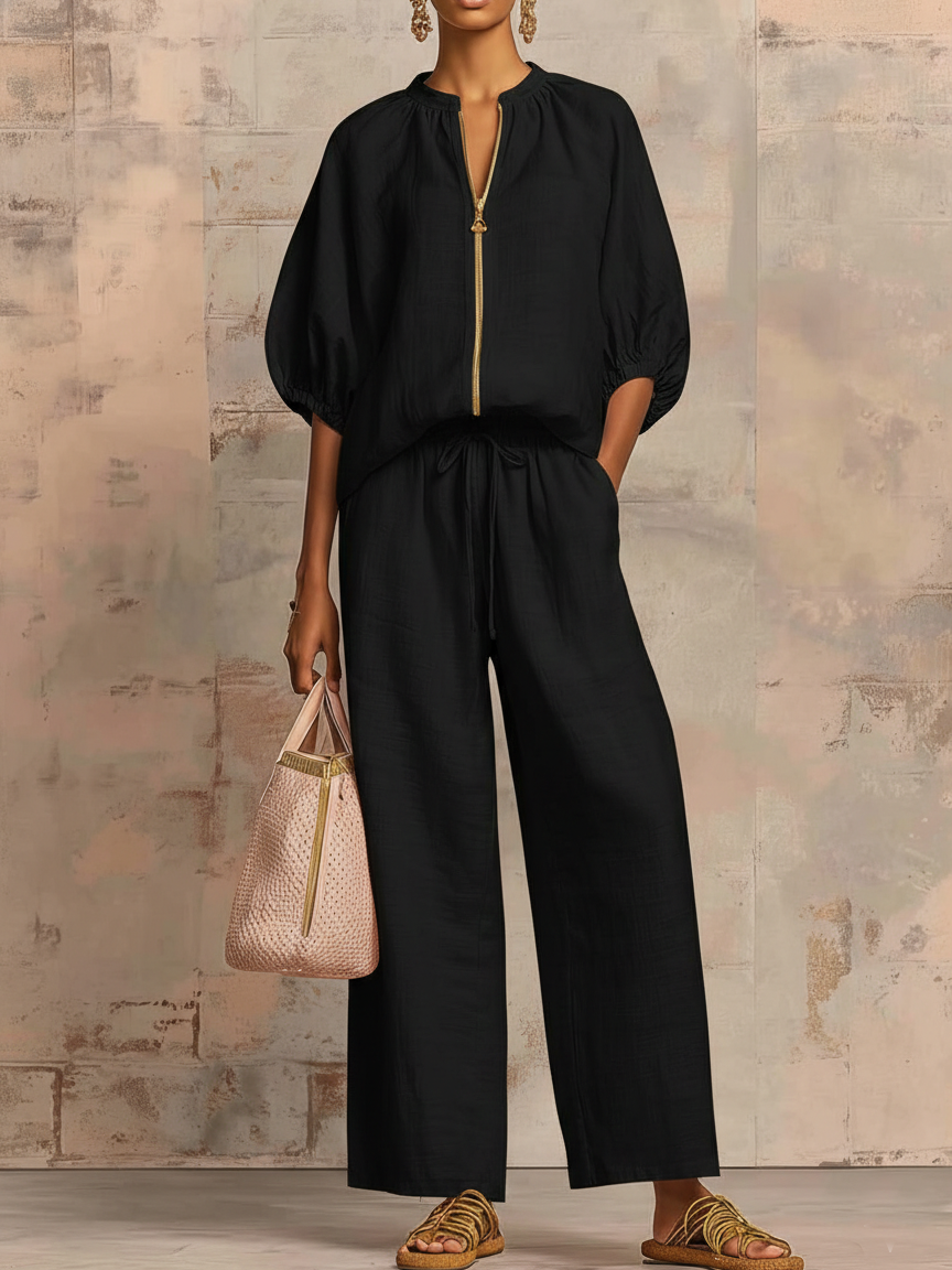 Stylish Cozy Shirt & Wide-Leg Pants Linen Cotton Two-Piece Set
