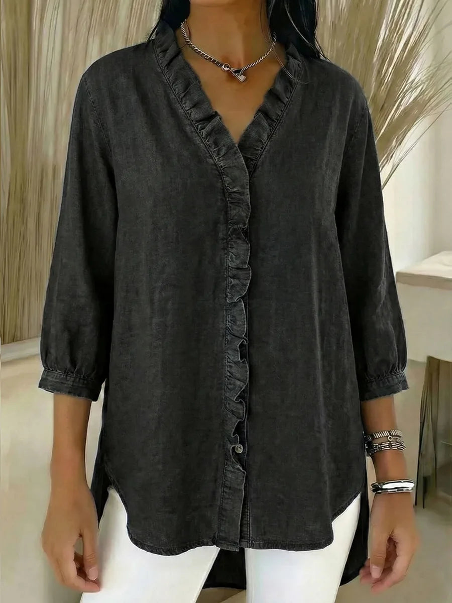 Women’s Casual Denim V-Neck Ruffled Shirt