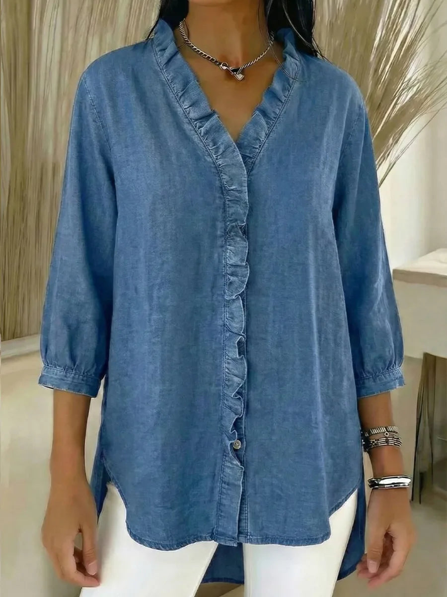 Women’s Casual Denim V-Neck Ruffled Shirt