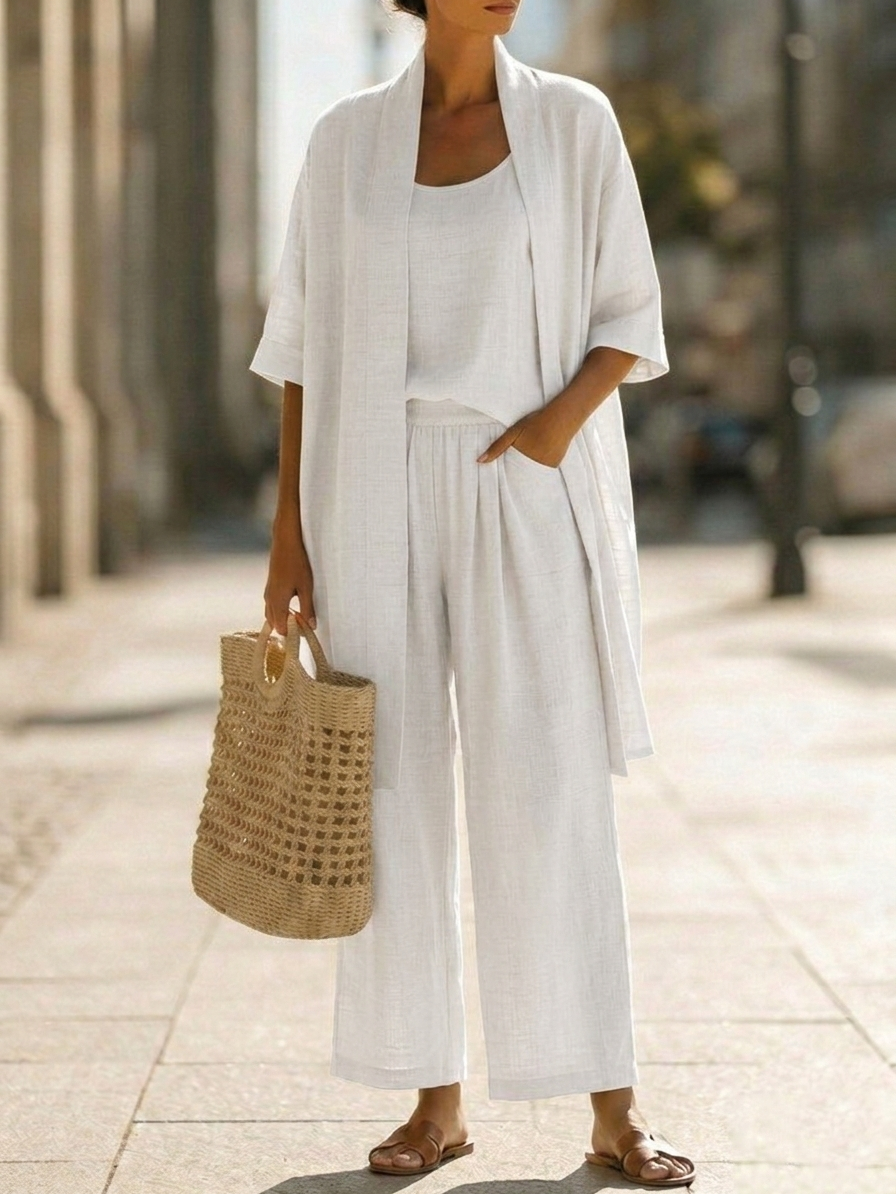 Plus Size Friendly Minimalist Linen-cotton Three-piece Set – Comfortable For Everyday Wear