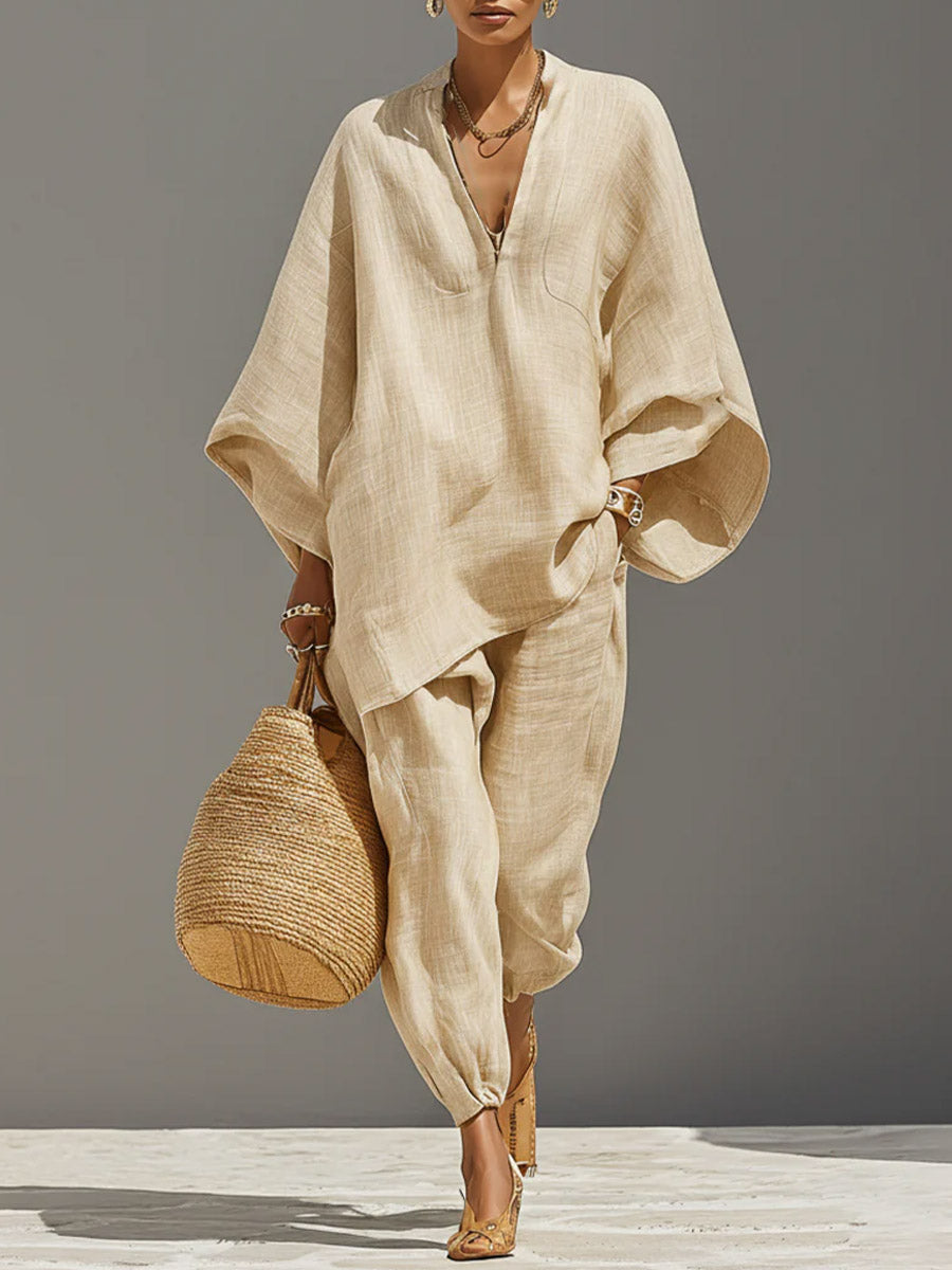 Women’s Solid Color V-neck Long Sleeve Casual Loose Cotton Linen Top With Elastic Waist And Wide-leg Pants Set