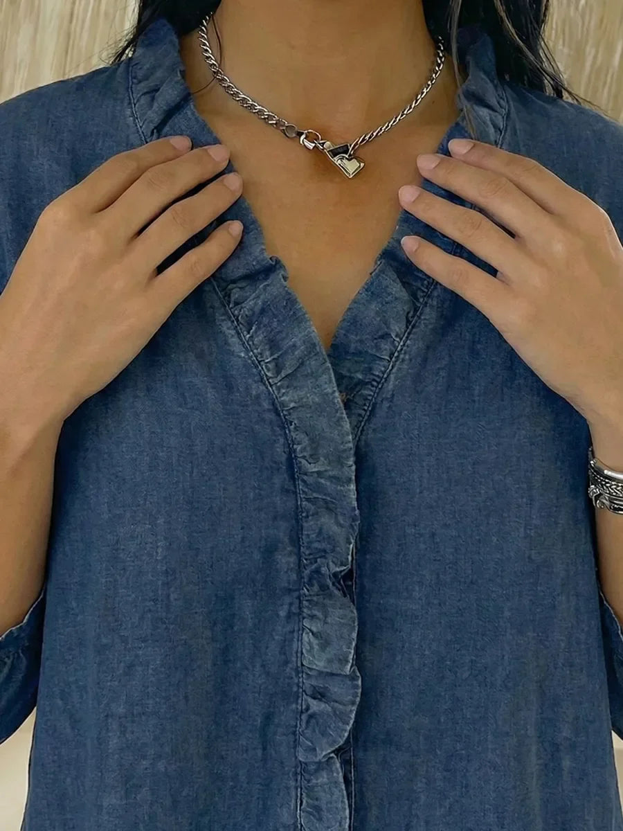 Women’s Casual Denim V-Neck Ruffled Shirt