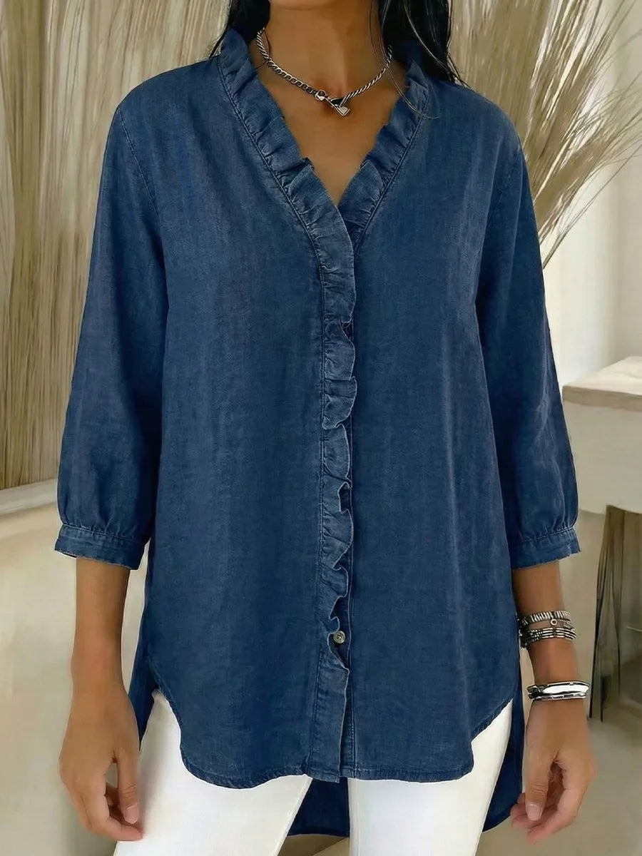 Women’s Casual Denim V-Neck Ruffled Shirt