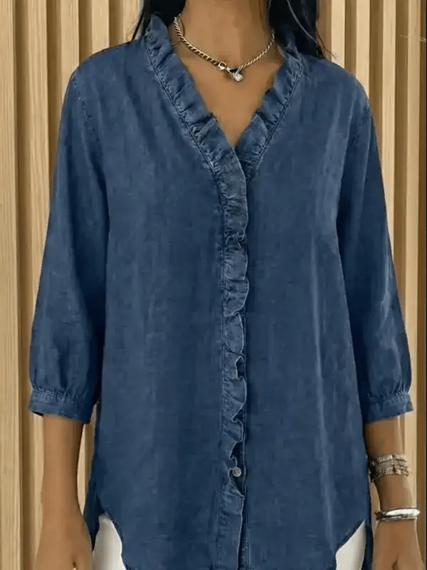 Women’s Casual Denim V-Neck Ruffled Shirt