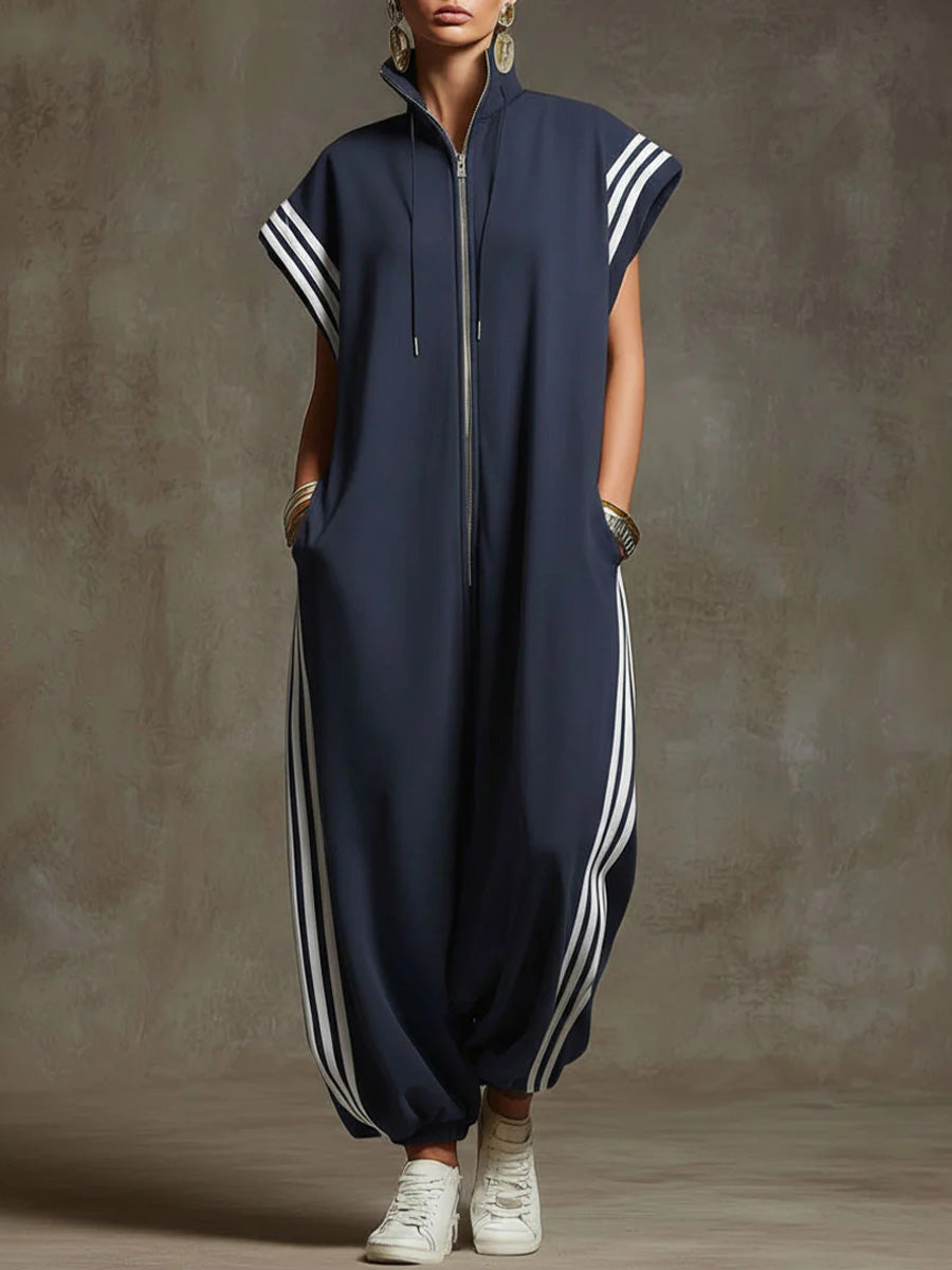 Women’s Relaxed Stand-collar Short-sleeved Casual Loose Cotton Wide-leg Jumpsuit