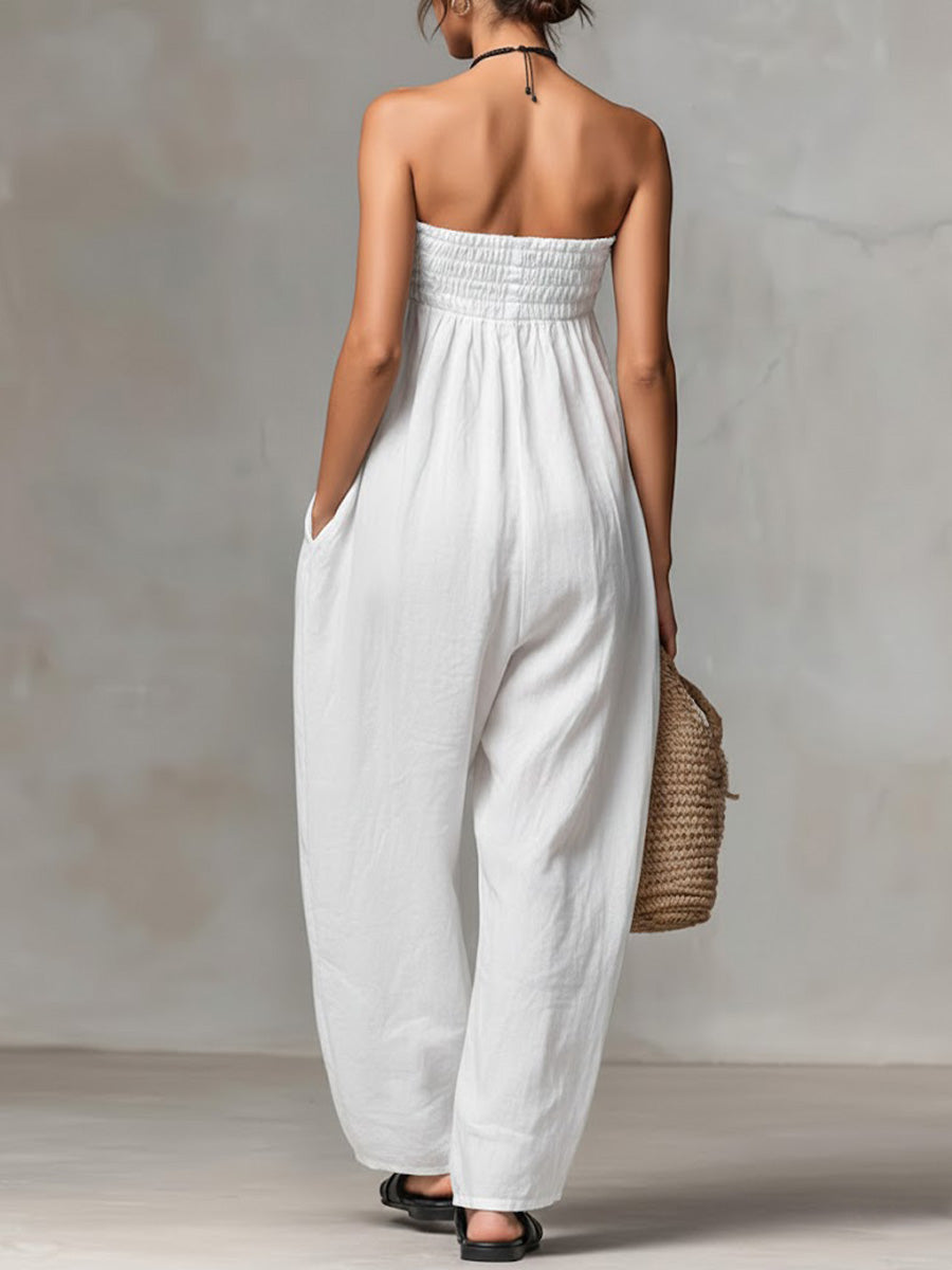 Women’s Solid Color Strapless Casual Loose Cotton And Linen Jumpsuit