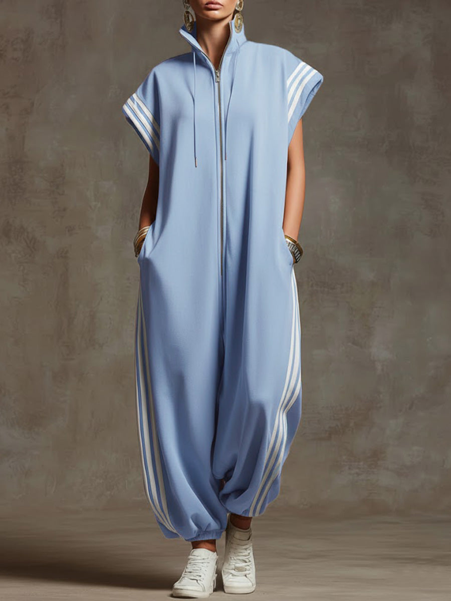Women’s Relaxed Stand-collar Short-sleeved Casual Loose Cotton Wide-leg Jumpsuit
