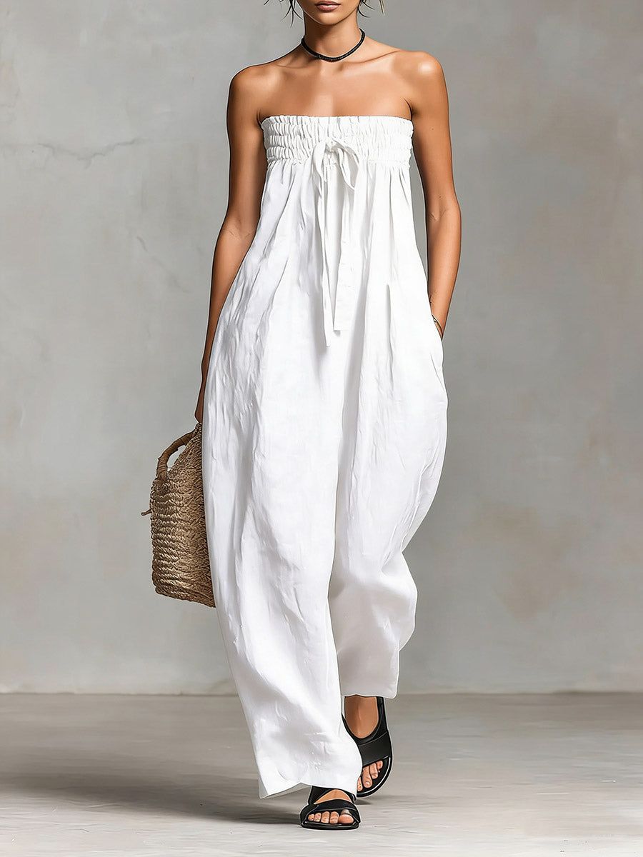 Women’s Solid Color Strapless Casual Loose Cotton And Linen Jumpsuit