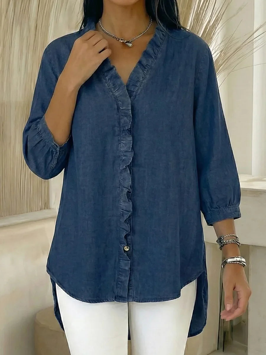 Women’s Casual Denim V-Neck Ruffled Shirt