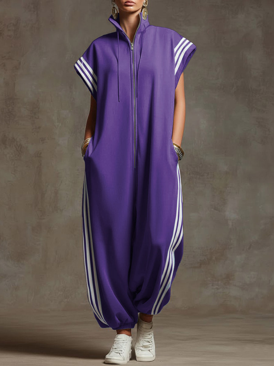 Women’s Relaxed Stand-collar Short-sleeved Casual Loose Cotton Wide-leg Jumpsuit