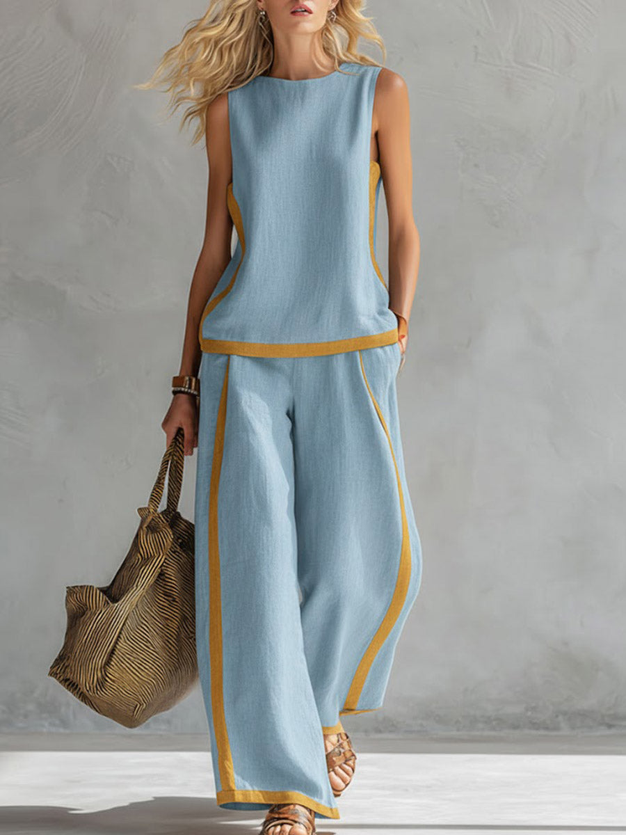Plus Size Friendly Plus Size Friendly Women’s Round Neck Sleeveless Casual Loose Top And High-waisted Loose Wide-leg Pants Cotton And Linen Set.