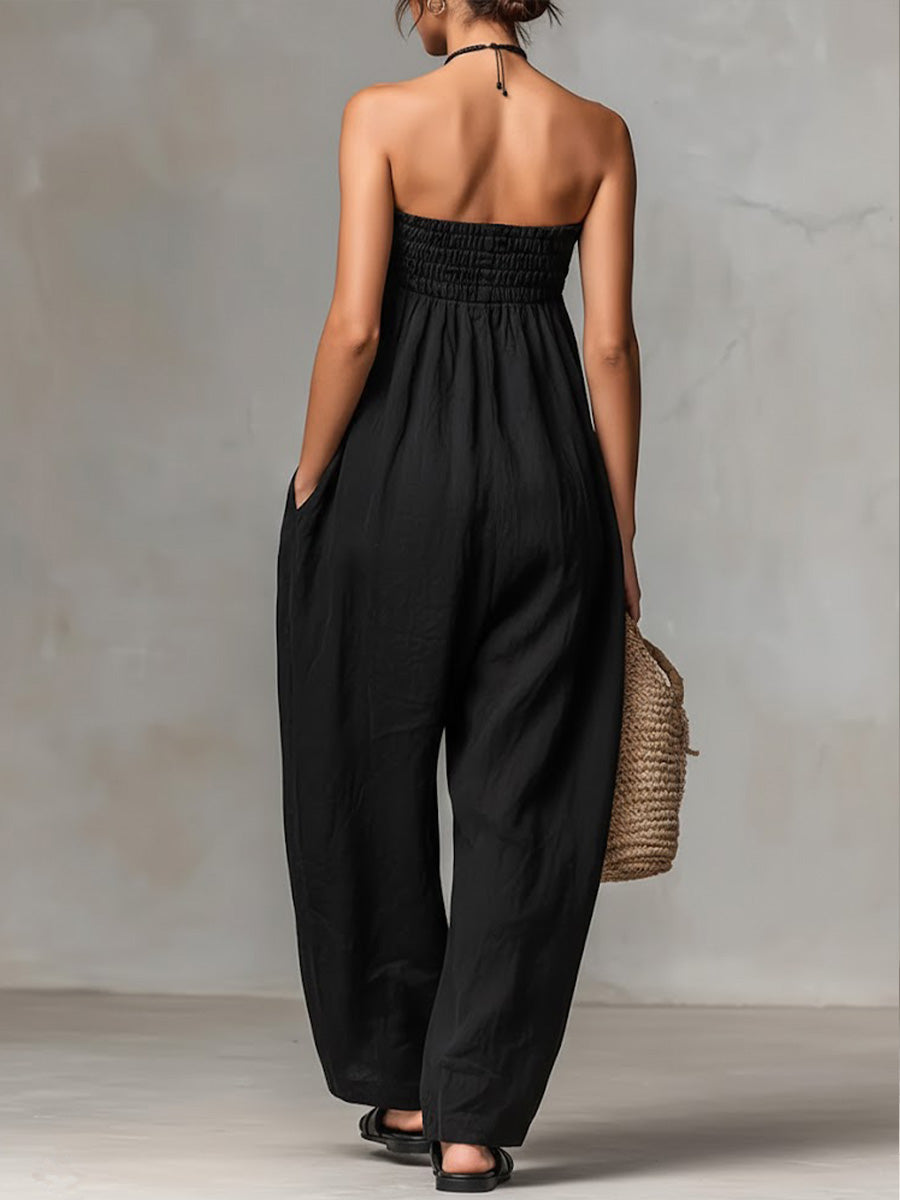 Women’s Solid Color Strapless Casual Loose Cotton And Linen Jumpsuit
